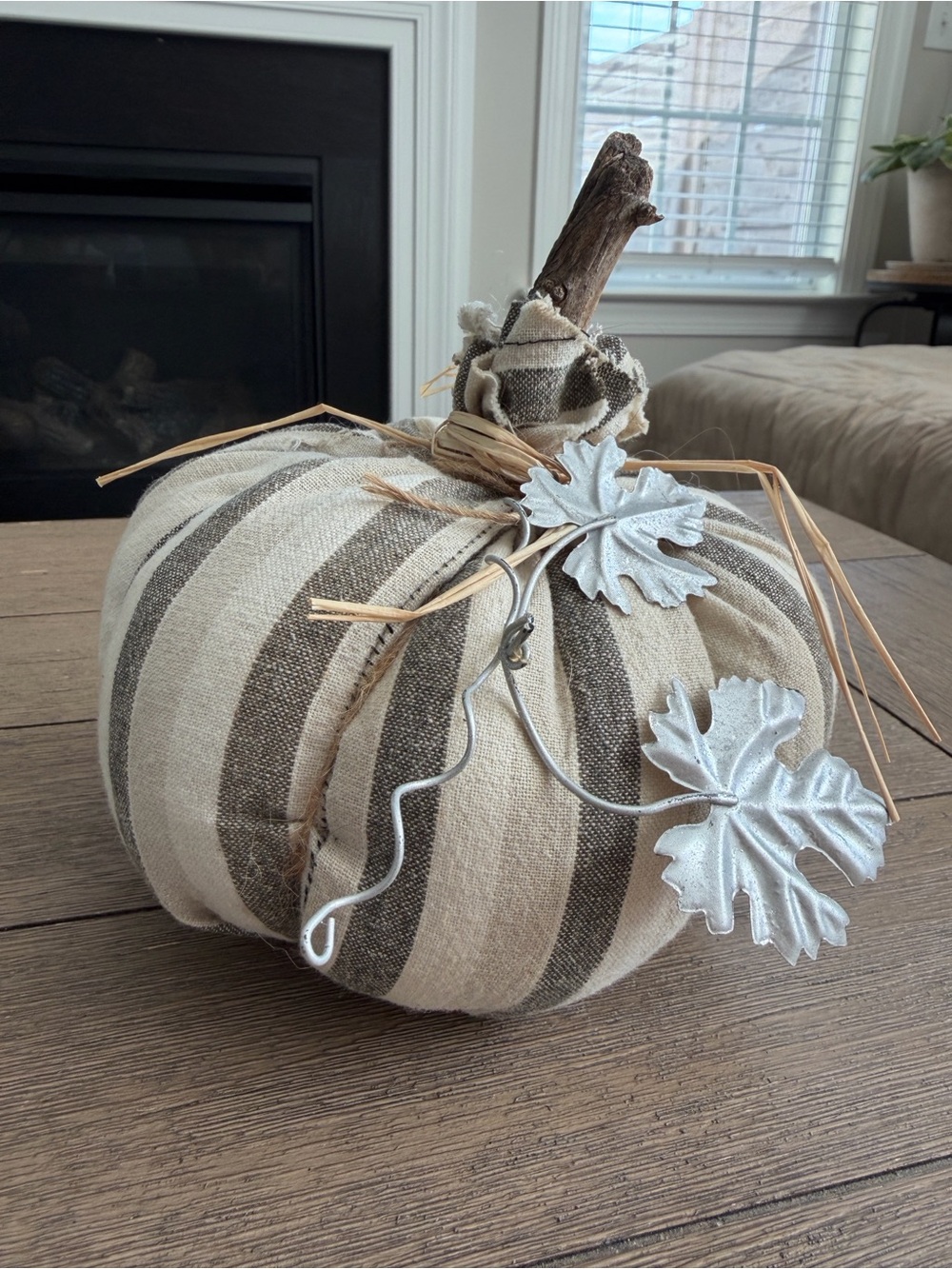 Neutral Striped Fabric Pumpkin Fall Décor